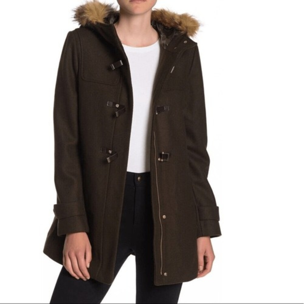 Cole Haan Wool Blend‎ Faux Fur Trim Hooded Coat, Brown, Size 4, NWT